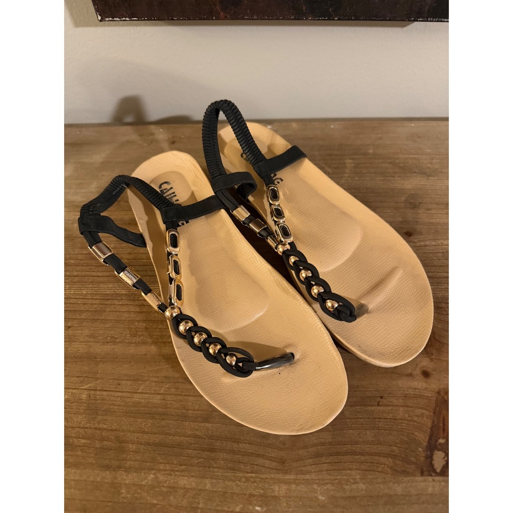Caihong Womens Black Gold T-Strap Slingback Thong Sandals Flat Size 40